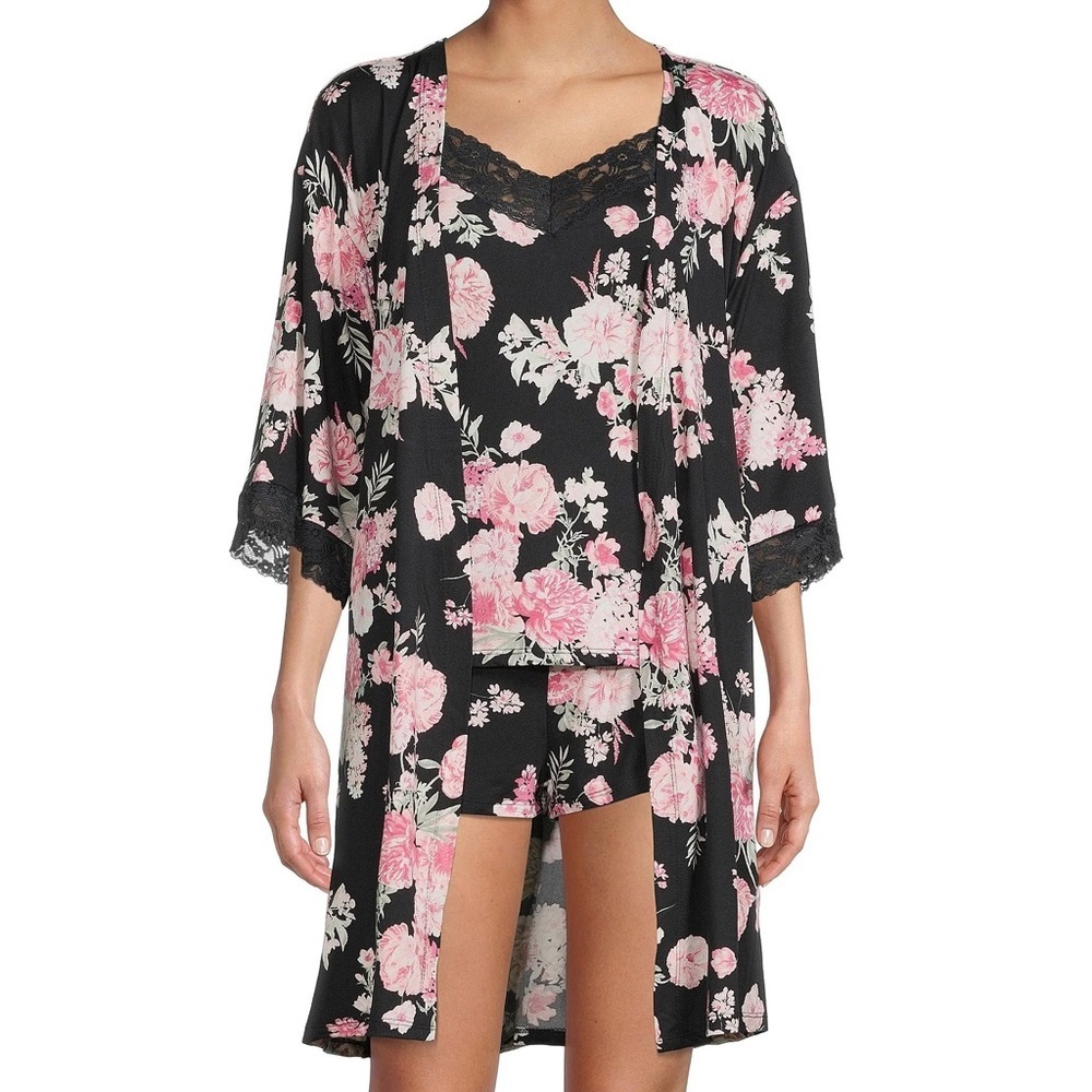 NEW Flora Nikrooz Black Pink Floral Robe Size Medium Nordstrom Sleepwear Boho M